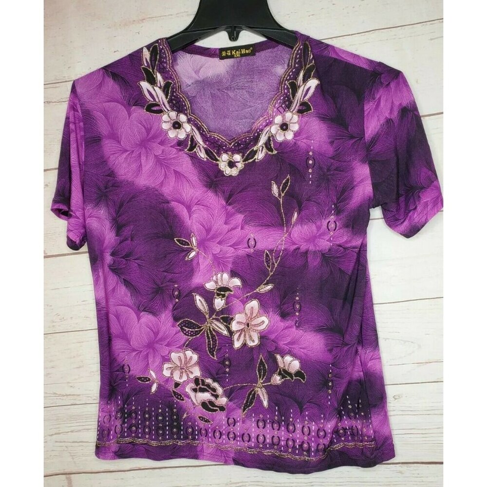 Rare Vintage Kai Hao XXL Purple Floral Glitter Foil Short Sleeve Women Shirt